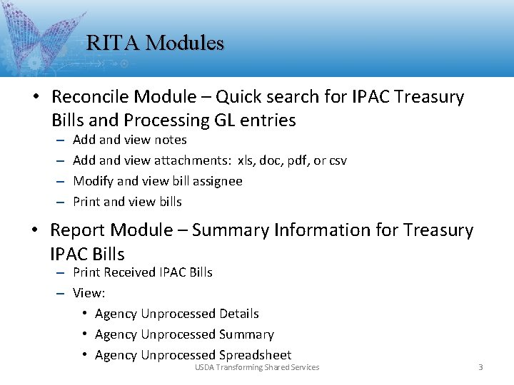RITA Modules • Reconcile Module – Quick search for IPAC Treasury Bills and Processing RITA Modules • Reconcile Module – Quick search for IPAC Treasury Bills and Processing
