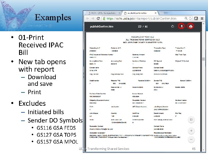Examples • 01 -Print Received IPAC Bill • New tab opens with report – Examples • 01 -Print Received IPAC Bill • New tab opens with report –