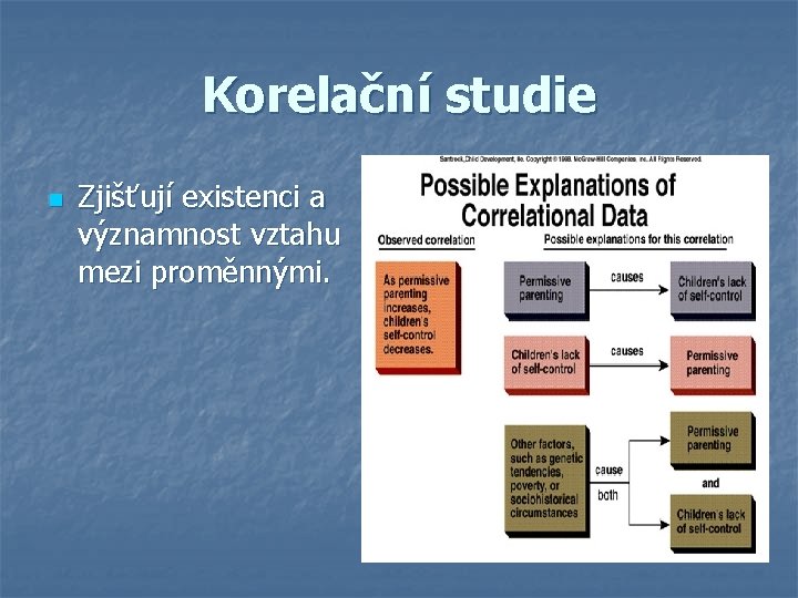 Korelační studie n Zjišťují existenci a významnost vztahu mezi proměnnými. 