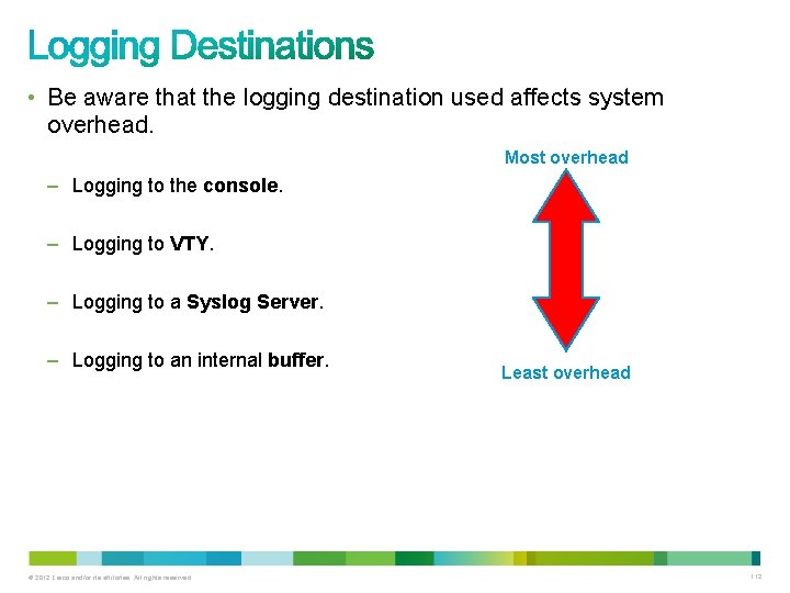 • Be aware that the logging destination used affects system overhead. Most overhead • Be aware that the logging destination used affects system overhead. Most overhead