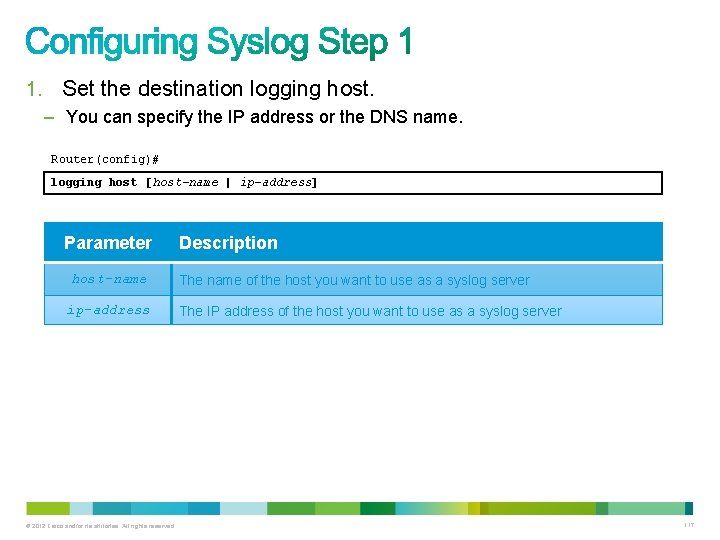 1. Set the destination logging host. – You can specify the IP address or 1. Set the destination logging host. – You can specify the IP address or