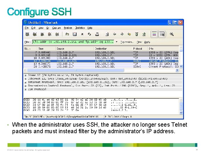 • When the administrator uses SSH, the attacker no longer sees Telnet packets • When the administrator uses SSH, the attacker no longer sees Telnet packets