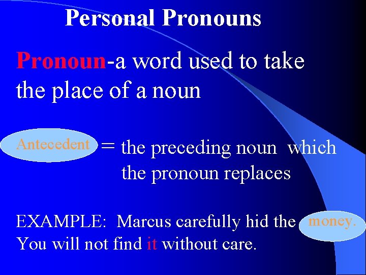 Personal Pronouns Pronoun-a word used to take the place of a noun Antecedent =