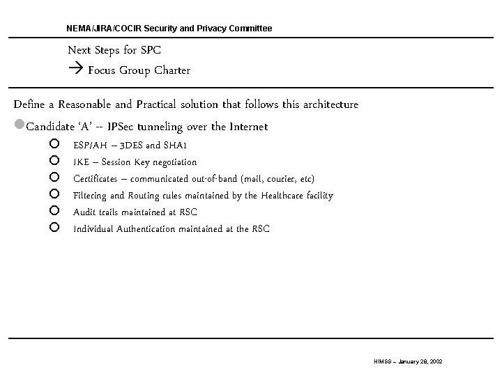 NEMA/JIRA/COCIR Security and Privacy Committee Next Steps for SPC Focus Group Charter Define a