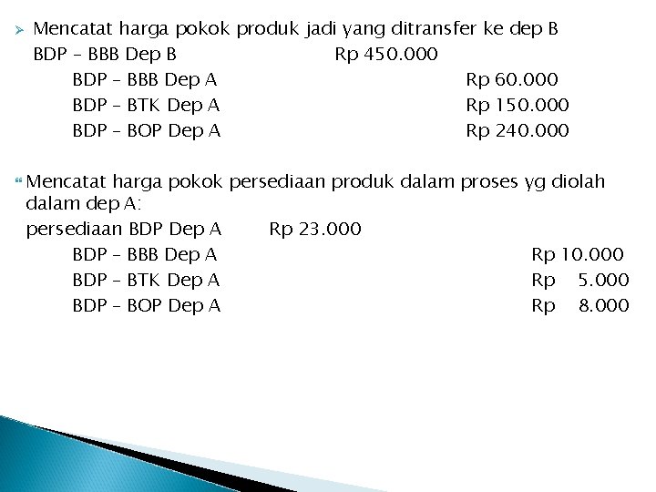 Ø Mencatat harga pokok produk jadi yang ditransfer ke dep B BDP – BBB