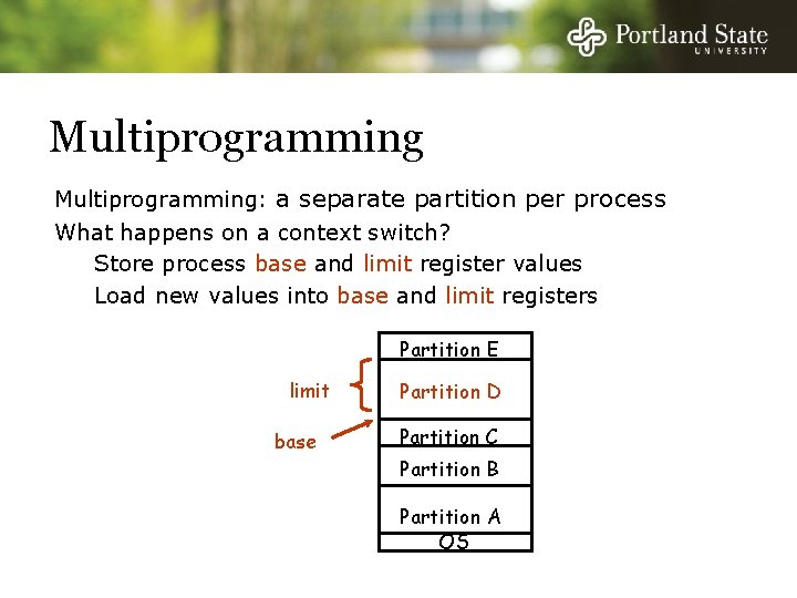 Multiprogramming: a separate partition per process What happens on a context switch? Store process