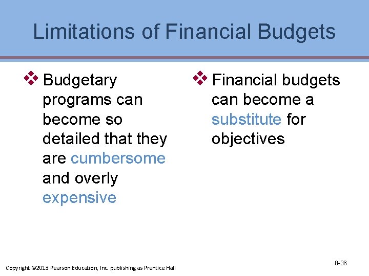 Limitations of Financial Budgets v Budgetary programs can become so detailed that they are