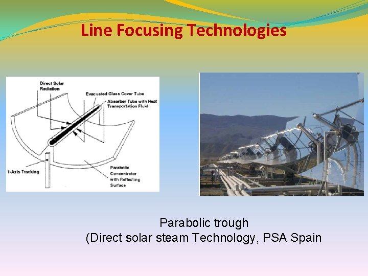 Line Focusing Technologies Parabolic trough (Direct solar steam Technology, PSA Spain 