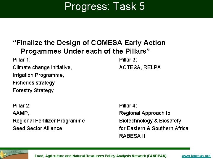 Progress: Task 5 “Finalize the Design of COMESA Early Action Progammes Under each of