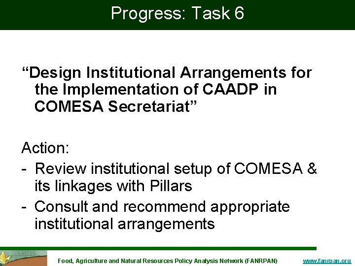 Progress: Task 6 “Design Institutional Arrangements for the Implementation of CAADP in COMESA Secretariat”