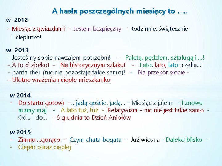 A hasła poszczególnych miesięcy to …. . w 2012 - Miesiąc z gwiazdami -