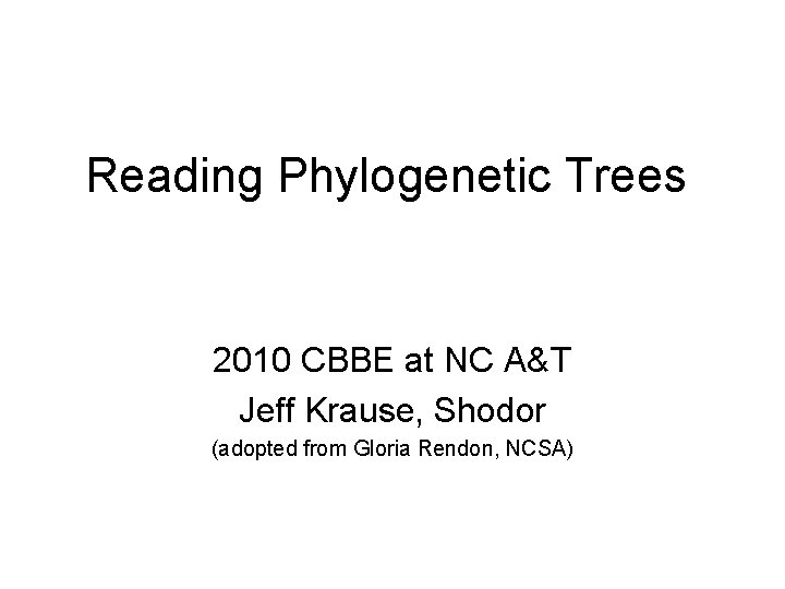 Reading Phylogenetic Trees 2010 CBBE at NC A&T Jeff Krause, Shodor (adopted from Gloria