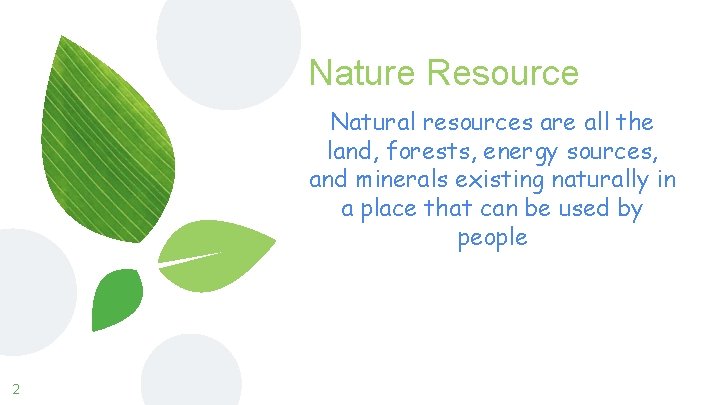 Nature Resource Natural resources are all the land, forests, energy sources, and minerals existing