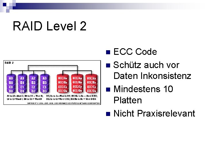 RAID Level 2 ECC Code n Schütz auch vor Daten Inkonsistenz n Mindestens 10