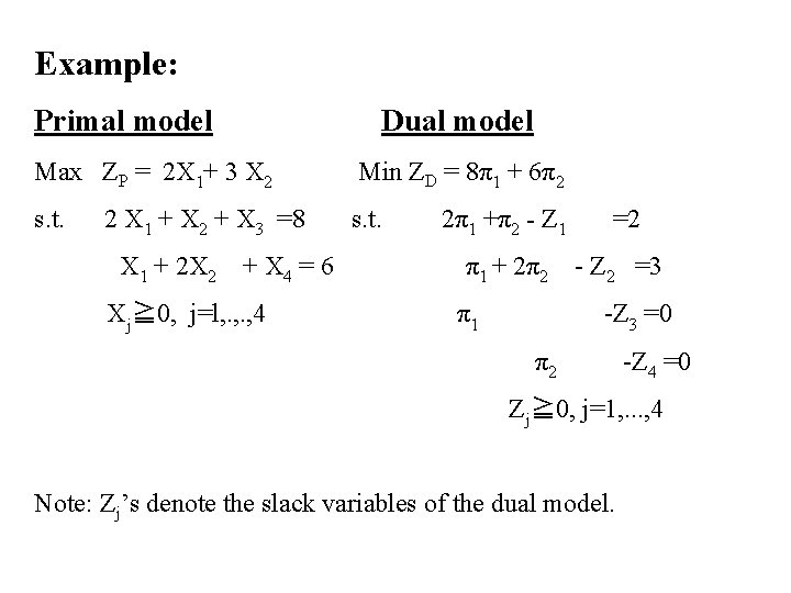 Example: Primal model Dual model Max ZP = 2 X 1+ 3 X 2