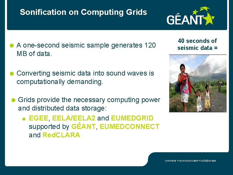 Sonification on Computing Grids A one-second seismic sample generates 120 MB of data. 40