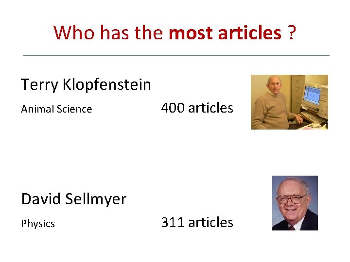 Who has the most articles ? Terry Klopfenstein Animal Science 400 articles David Sellmyer