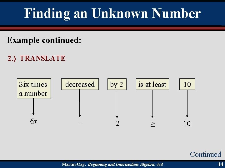 Finding an Unknown Number Example continued: 2. ) TRANSLATE Six times a number decreased