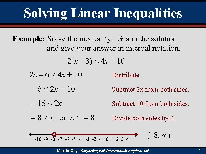 Solving Linear Inequalities Example: Solve the inequality. Graph the solution and give your answer