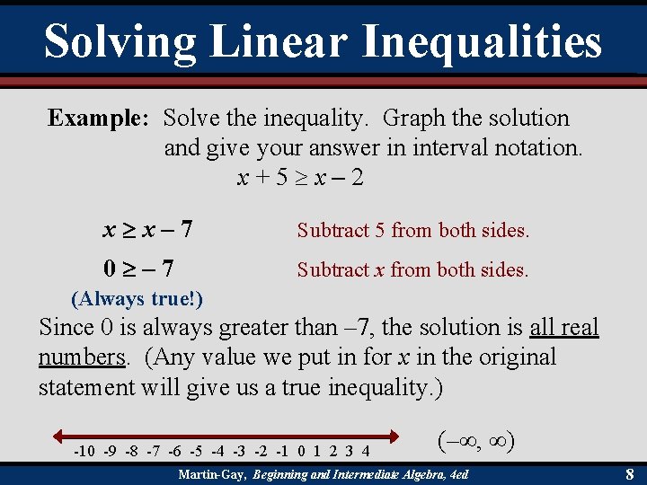 Solving Linear Inequalities Example: Solve the inequality. Graph the solution and give your answer