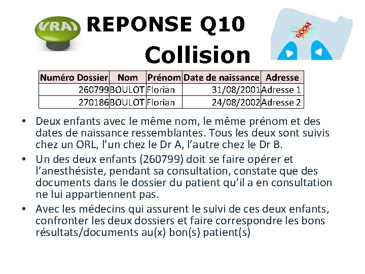 REPONSE Q 10 Collision Numéro Dossier Nom Prénom Date de naissance Adresse 260799 BOULOT REPONSE Q 10 Collision Numéro Dossier Nom Prénom Date de naissance Adresse 260799 BOULOT