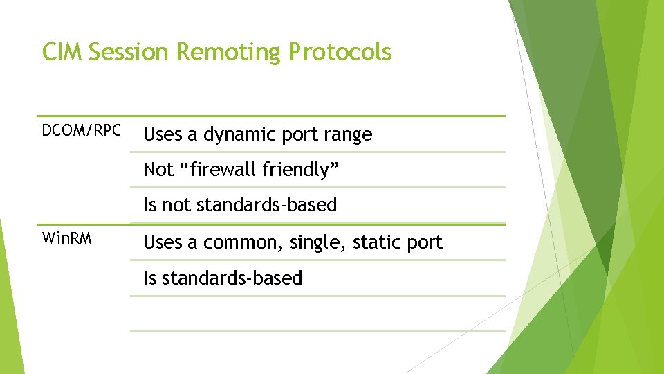 CIM Session Remoting Protocols DCOM/RPC Uses a dynamic port range Not “firewall friendly” Is