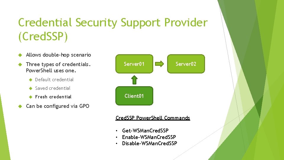Credential Security Support Provider (Cred. SSP) Allows double-hop scenario Three types of credentials. Power.