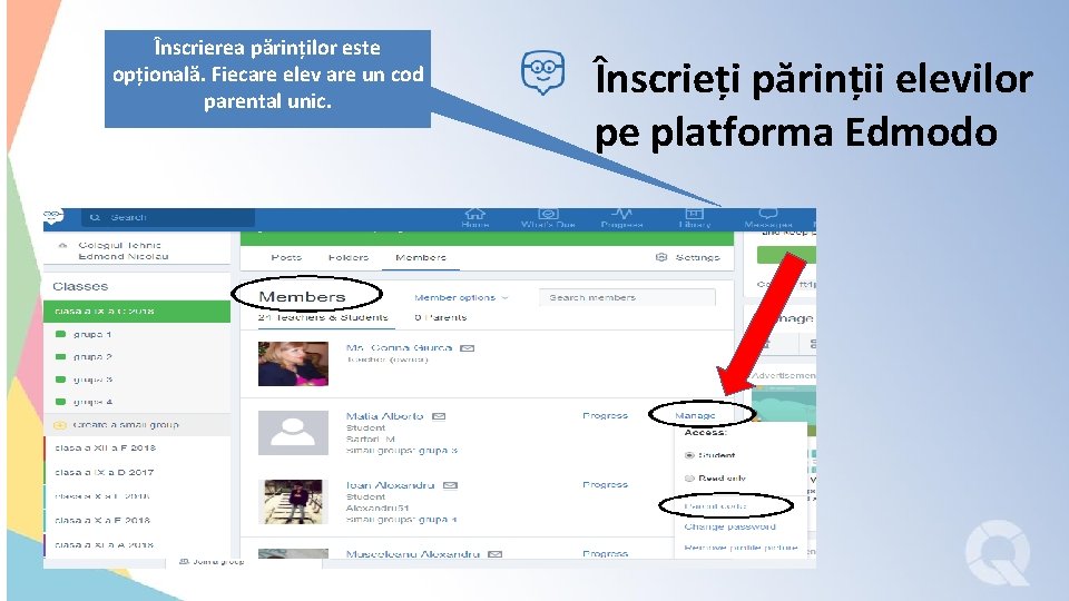 Înscrierea părinților este opțională. Fiecare elev are un cod parental unic. Înscrieți părinții elevilor