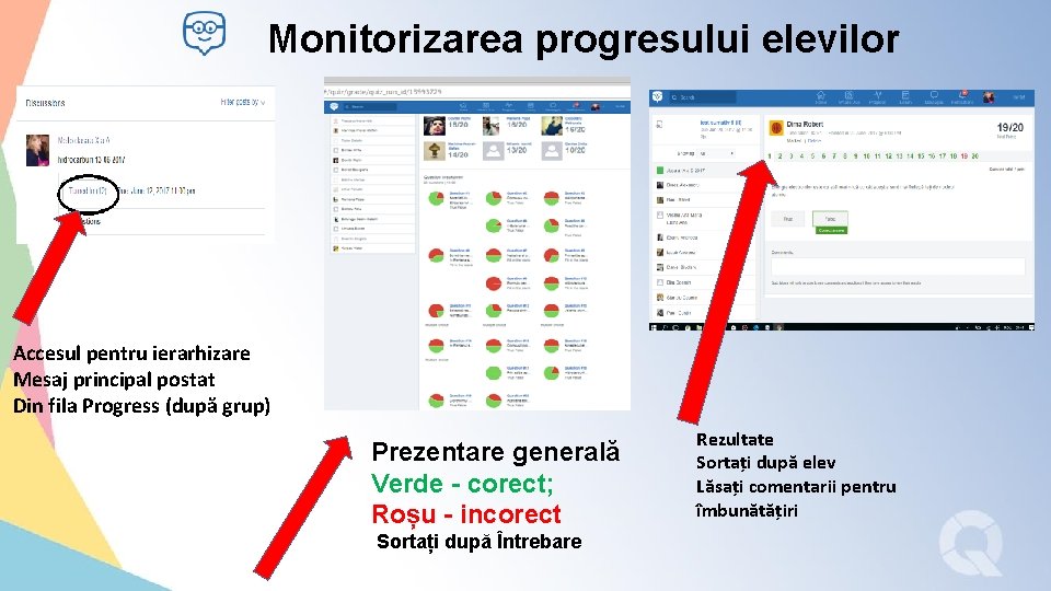 Monitorizarea progresului elevilor Accesul pentru ierarhizare Mesaj principal postat Din fila Progress (după grup)