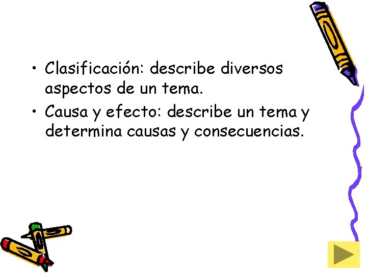 • Clasificación: describe diversos aspectos de un tema. • Causa y efecto: describe