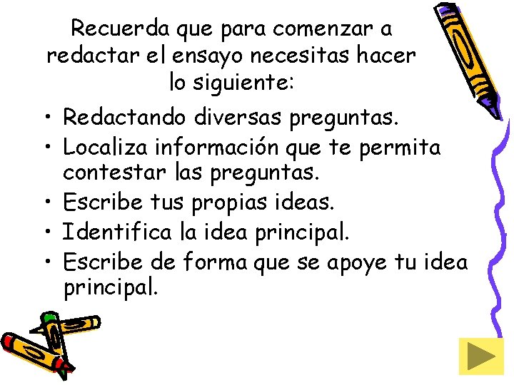 Recuerda que para comenzar a redactar el ensayo necesitas hacer lo siguiente: • Redactando