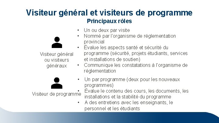 Visiteur général et visiteurs de programme Principaux rôles • • • Visiteur général ou