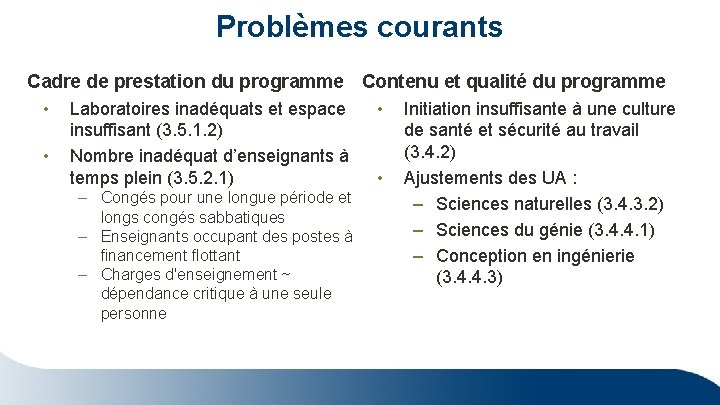 Problèmes courants Cadre de prestation du programme Contenu et qualité du programme • Laboratoires Problèmes courants Cadre de prestation du programme Contenu et qualité du programme • Laboratoires