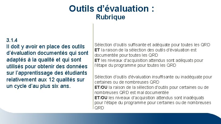  Outils d’évaluation : Rubrique 3. 1. 4 Il doit y avoir en place