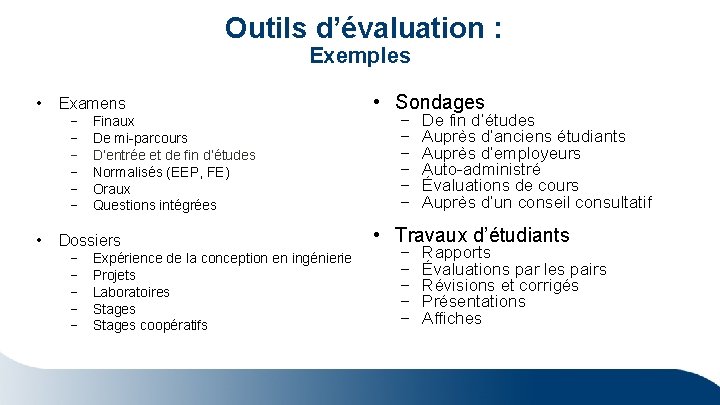  Outils d’évaluation : Exemples • Examens − − − • Finaux De mi-parcours