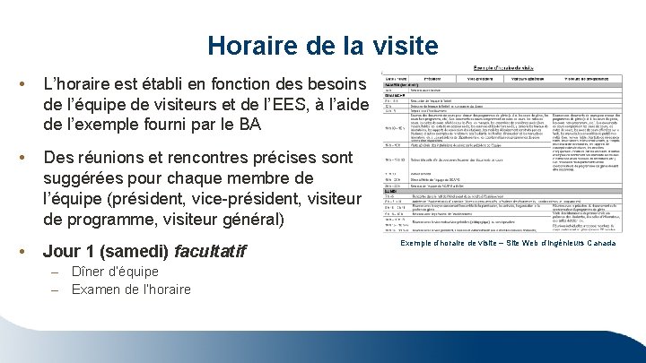 Horaire de la visite • L’horaire est établi en fonction des besoins de l’équipe