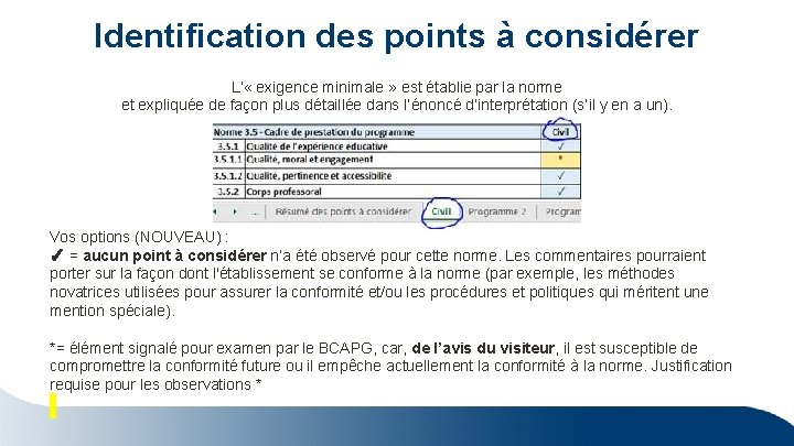 Identification des points à considérer L’ « exigence minimale » est établie par la