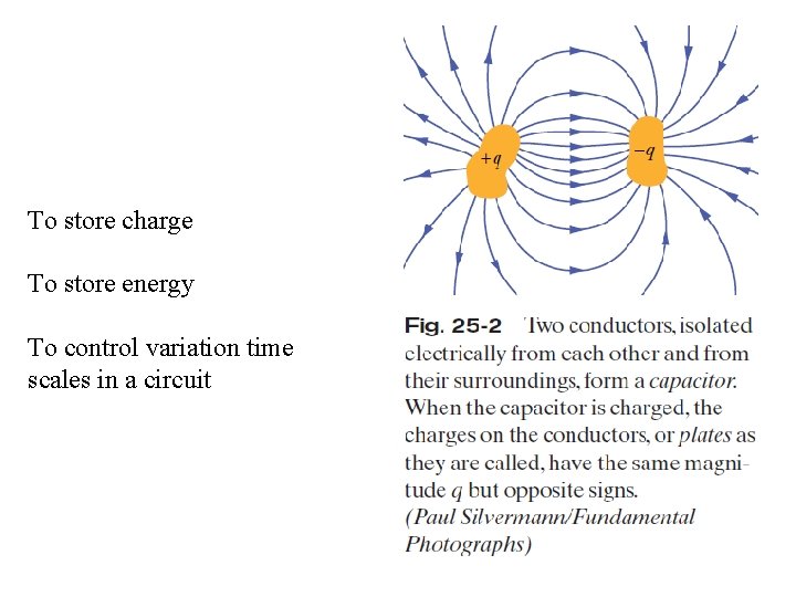 To store charge To store energy To control variation time scales in a circuit To store charge To store energy To control variation time scales in a circuit