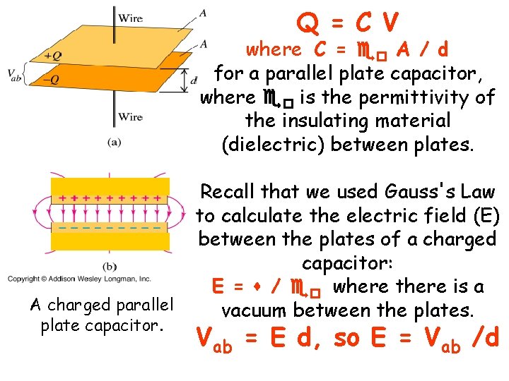 Q = C V where C = eo A / d for a parallel Q = C V where C = eo A / d for a parallel
