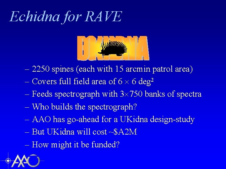 Echidna for RAVE – 2250 spines (each with 15 arcmin patrol area) – Covers