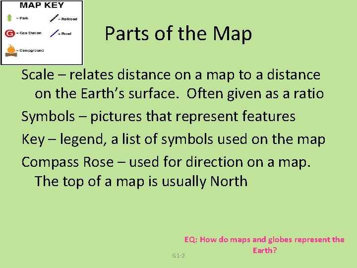 Parts of the Map Scale – relates distance on a map to a distance