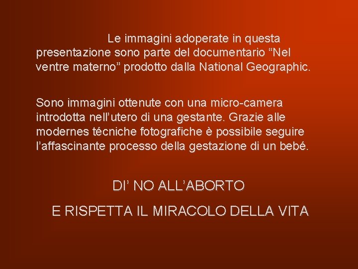 Le immagini adoperate in questa presentazione sono parte del documentario “Nel ventre materno” prodotto