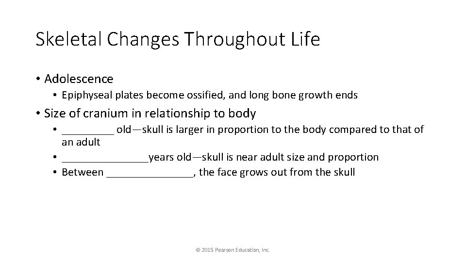 Skeletal Changes Throughout Life • Adolescence • Epiphyseal plates become ossified, and long bone