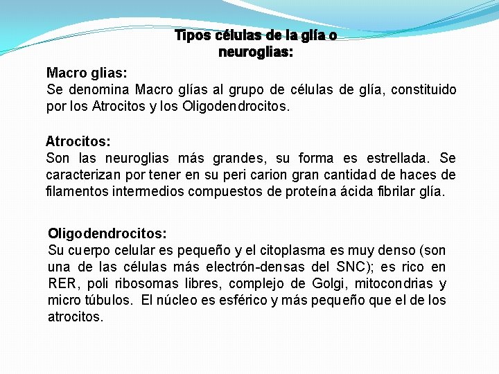 Tipos células de la glía o neuroglias: Macro glias: Se denomina Macro glías al