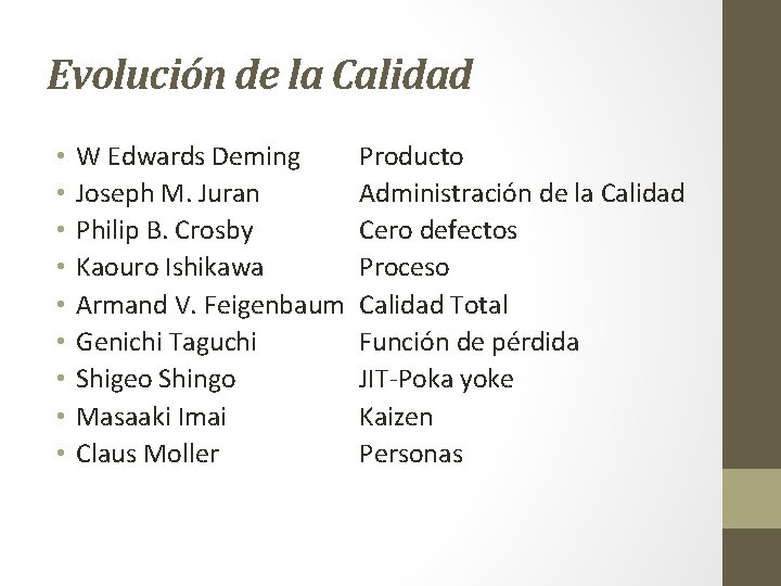 Evolución de la Calidad • • • W Edwards Deming Joseph M. Juran Philip