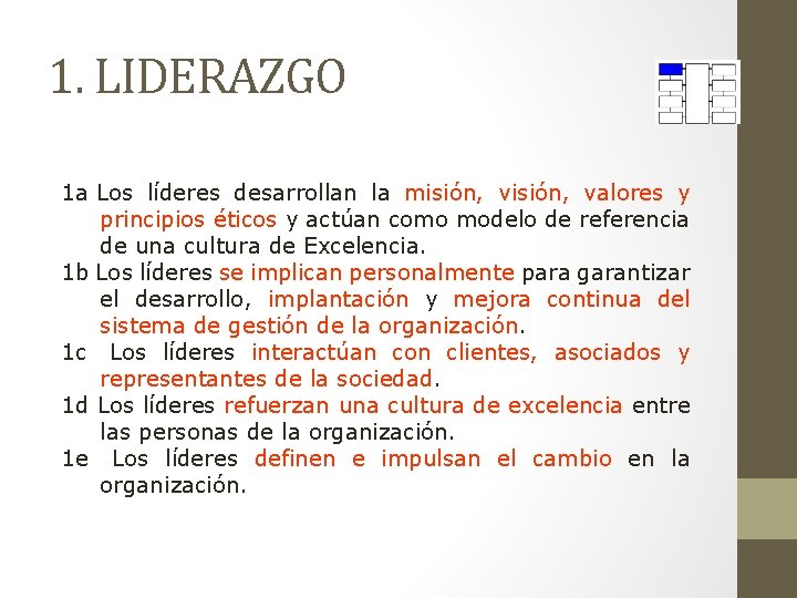 1. LIDERAZGO 1 a Los líderes desarrollan la misión, valores y principios éticos y