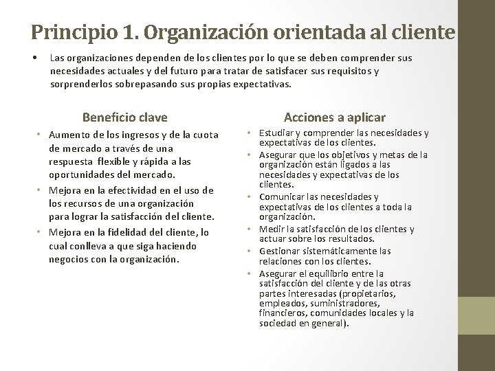 Principio 1. Organización orientada al cliente • Las organizaciones dependen de los clientes por