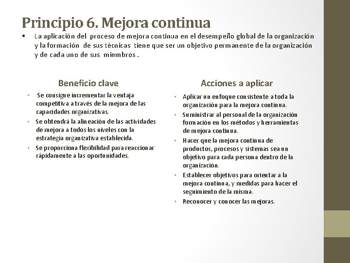 Principio 6. Mejora continua • La aplicación del proceso de mejora continua en el