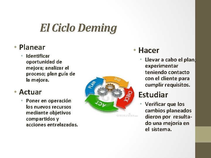 El Ciclo Deming • Planear • Identificar oportunidad de mejora; analizar el proceso; plan