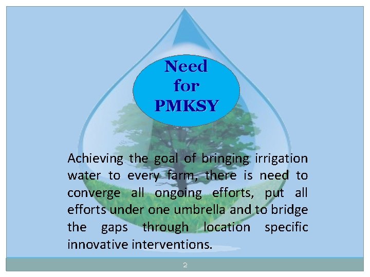 Need for PMKSY Achieving the goal of bringing irrigation water to every farm, there
